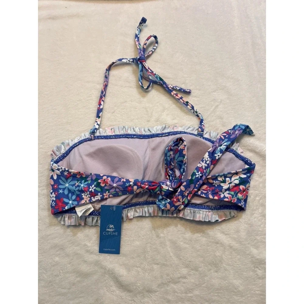 CUPSHE Bikini Top Swimsuit Medium Bandeau Floral Blue Top Back Tie New With Tag